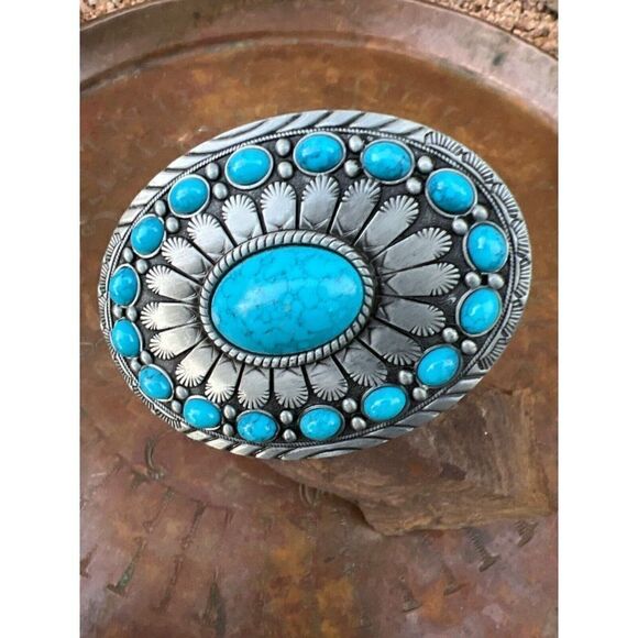 TURQUOISE LARGE CONCHO WESTERN SILVER BELT ADJUSTABLE BUCKLE Men dad Christmas - Picture 7 of 11